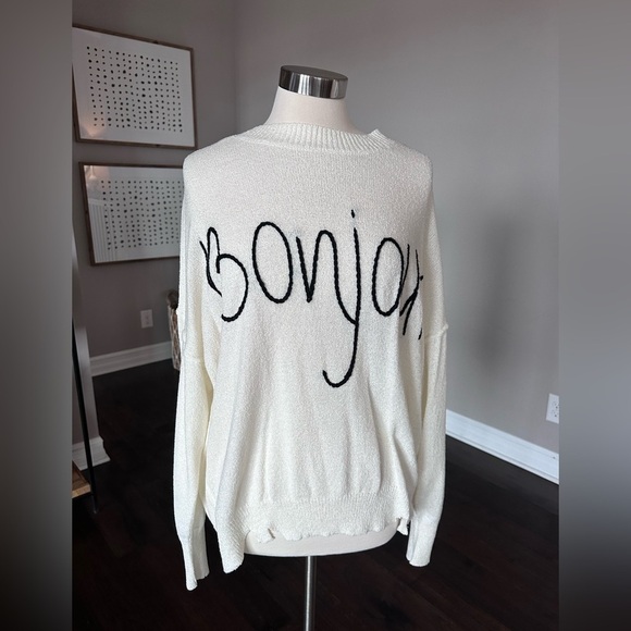 Le Lis Sweaters - Boutique x Royal & Reese Bonjour Graphic Light Knit Oversized Sweater Ivory LG